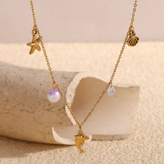 Beach Star Dolphin Fish Cubic Zirconia Pearl White 18K Gold Stainless Steel Anti Tarnish Link Chain Charm Necklace For Women