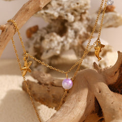 Beach Star Dolphin Fish Cubic Zirconia Pearl White 18K Gold Stainless Steel Anti Tarnish Link Chain Charm Necklace For Women