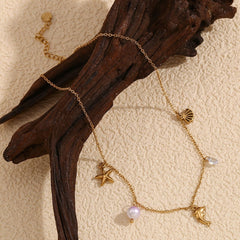 Beach Star Dolphin Fish Cubic Zirconia Pearl White 18K Gold Stainless Steel Anti Tarnish Link Chain Charm Necklace For Women