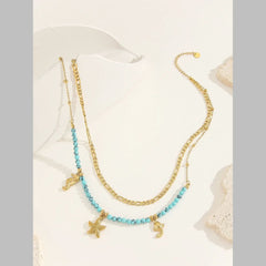 Beach Sea Horse Star Fish Beads Green 18K Gold Stainless Steel Anti Tarnish Dual Layer Necklace For Women