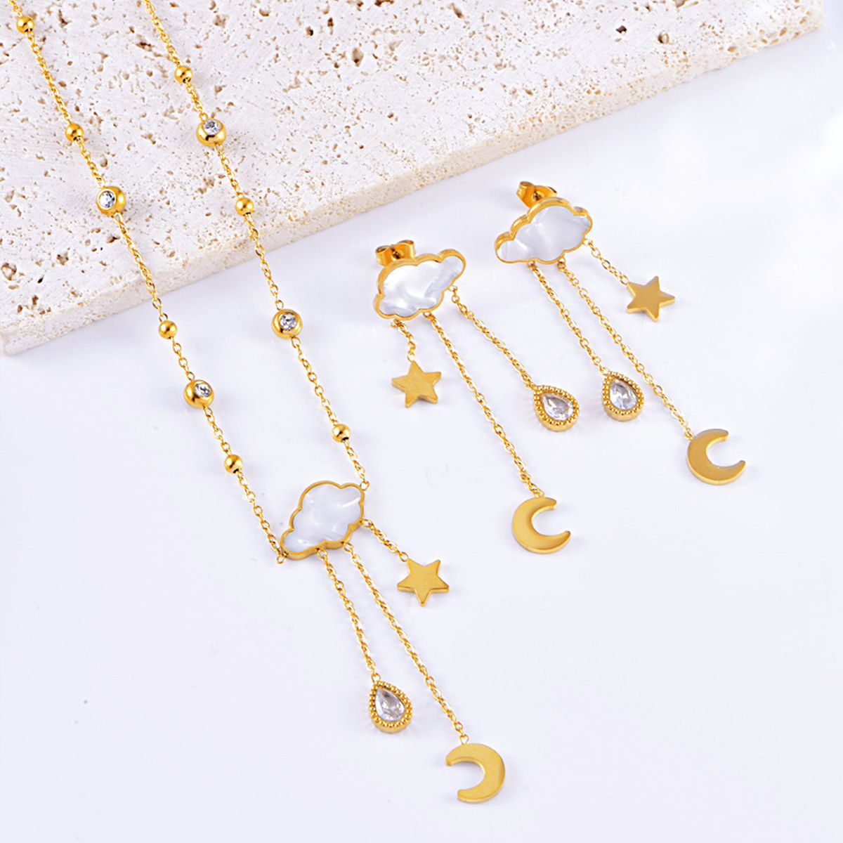 Crescent Star Cloud Cubic Zirconia Mother Of Pearl White 18K Gold Stainless Steel Anti Tarnish Necklace Earring Set For Women