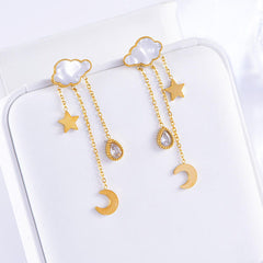 Crescent Star Cloud Cubic Zirconia Mother Of Pearl White 18K Gold Stainless Steel Anti Tarnish Necklace Earring Set For Women