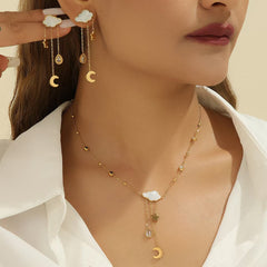 Crescent Star Cloud Cubic Zirconia Mother Of Pearl White 18K Gold Stainless Steel Anti Tarnish Necklace Earring Set For Women