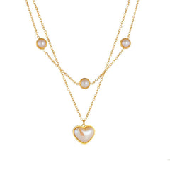 Heart Pearl White 18K Gold Stainless Steel Anti Tarnish Dual Layer Necklace For Women