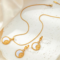 Moon Sun Mother Of Pearl White 18K Gold Stainless Steel Anti Tarnish Snake Pendant Chain Earring Set For Women