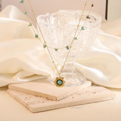 Flower Turquoise Beads Green 18K Gold Stainless Steel Anti Tarnish Dual Layer Link Chain Necklace For Women