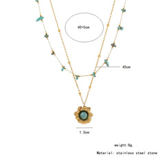Flower Turquoise Beads Green 18K Gold Stainless Steel Anti Tarnish Dual Layer Link Chain Necklace For Women