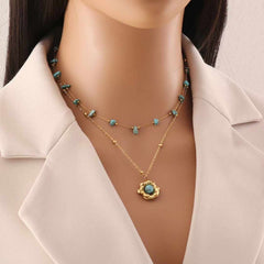 Flower Turquoise Beads Green 18K Gold Stainless Steel Anti Tarnish Dual Layer Link Chain Necklace For Women