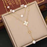 Clover Flower Pearl Cubic Zirconia Mother Of Pearl White 18K Gold Stainless Steel Anti Tarnish Dual Layer Y Necklace For Women