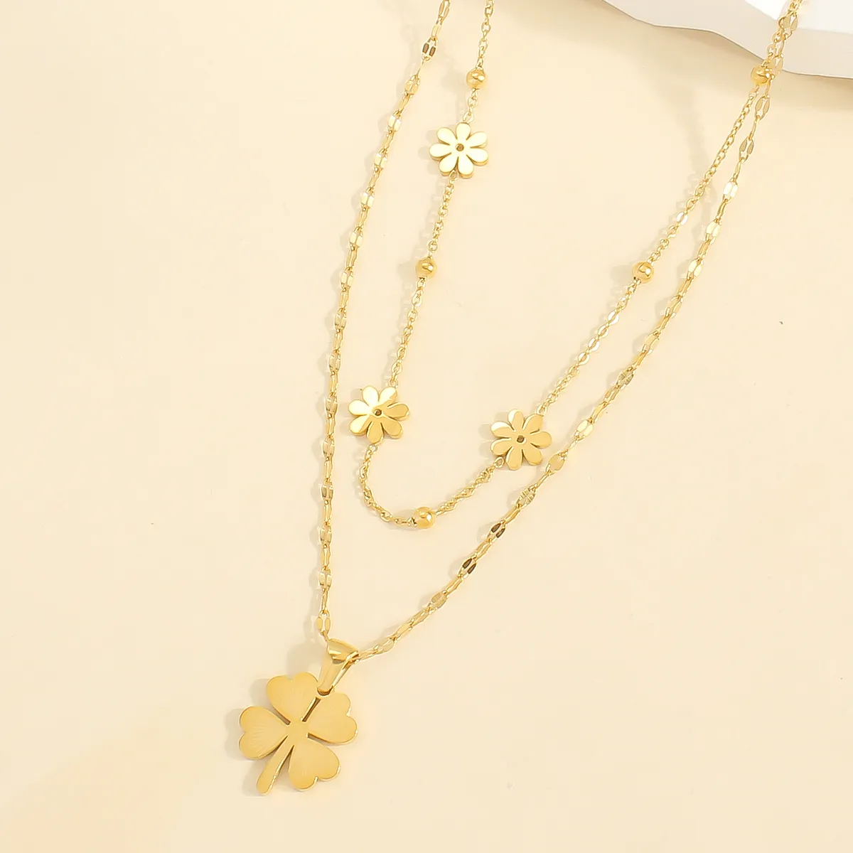 Clover Daisy Flower 18K Gold Stainless Steel Anti Tarnish Dual Layer Necklace For Women