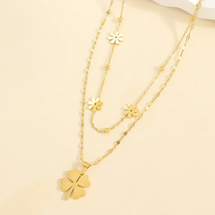 Clover Daisy Flower 18K Gold Stainless Steel Anti Tarnish Dual Layer Necklace For Women