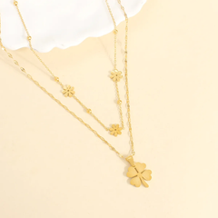 Clover Daisy Flower 18K Gold Stainless Steel Anti Tarnish Dual Layer Necklace For Women
