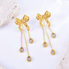 Ribbon Cubic Zirconia 18K Gold Stainless Steel Anti Tarnish Necklace Earring Set For Women