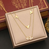 Butterfly Mother Of Pearl 18K Gold Stainless Steel Anti Tarnish Dual Layer Link Chain Necklace For Women