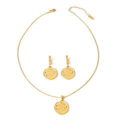 Beaten Medallion Coin 18K Gold Stainless Steel Anti Tarnish Snake Chain Necklace Earring Set For Women