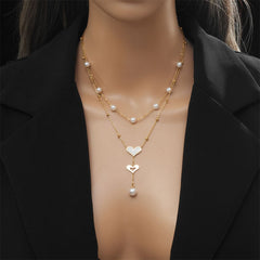 Heart Pearl Mother Of Pearl White 18K Gold Stainless Steel Anti Tarnish Dual Layer Link Chain Y Necklace For Women