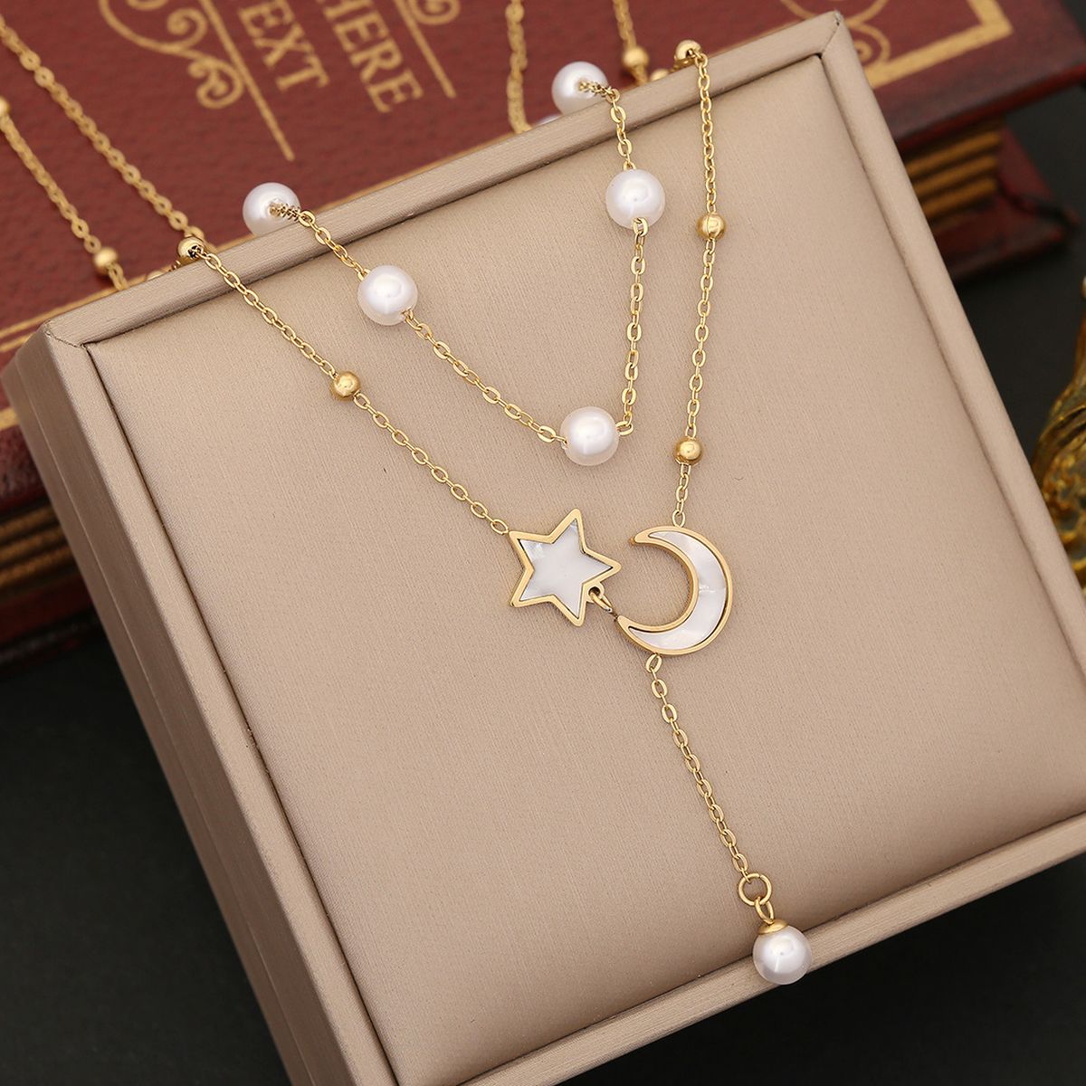 Crescent Star Pearl Mother Of Pearl White 18K Gold Stainless Steel Ant