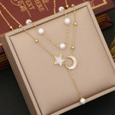 Crescent Star Pearl Mother Of Pearl White 18K Gold Stainless Steel Anti Tarnish Dual Layer Link Chain Y Necklace For Women