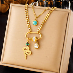 Snake Drop Cubic Zirconia Beads 18K Gold Stainless Steel Anti Tarnish Dual Layer Necklace For Women