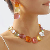 Cushion Cut Crystal Multicolour 18K Gold Alloy Chocker Necklace Earring Set For Women