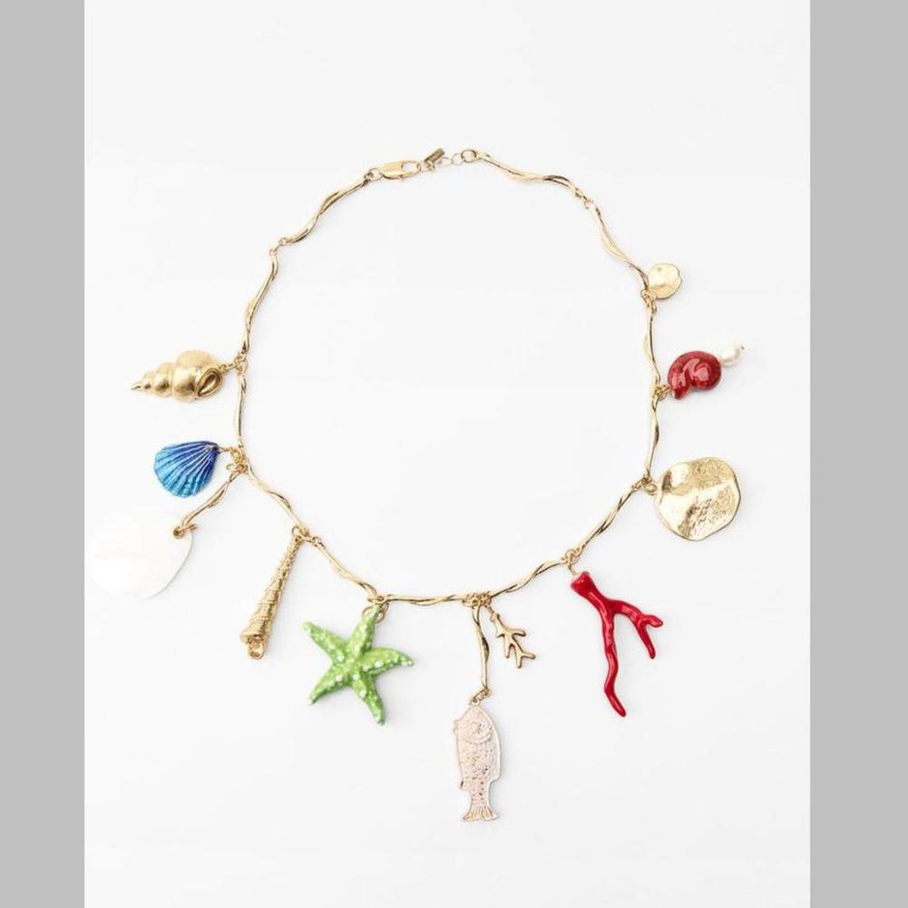 Beach Aquarium Ocean Animals Enamel Multicolour 18K Gold Alloy Charm Necklace For Women