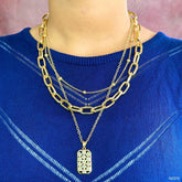 Dog Tag Cubic Zirconia 18K Gold Anti Tarnish Three Layer Link Chain Necklace For Women