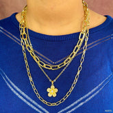 Flower Cubic Zirconia 18K Gold Anti Tarnish Three Layer Link Chain Necklace For Women