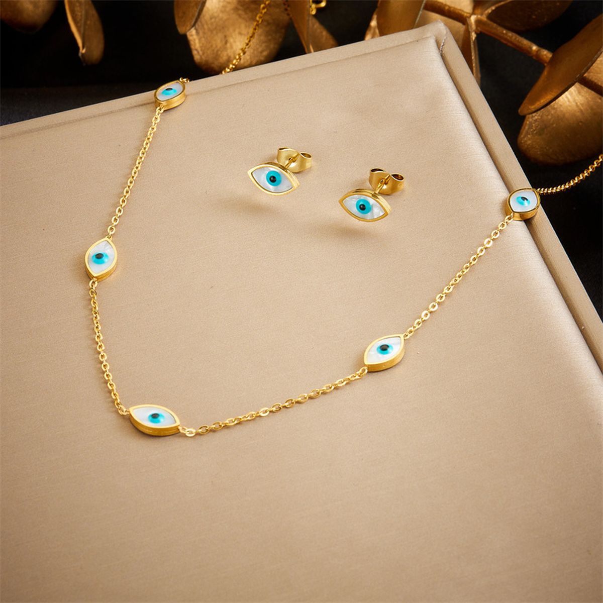 Evil Eye Stainless Steel Mother Of Pearl 18K Gold White Necklace Earring Set For Women