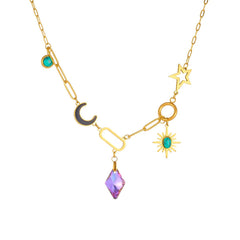 Moon Sun Star Stainless Steel Crystal Beads 18K Gold Multi Charm Link Chain Necklace For Women Group1