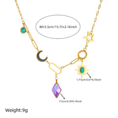 Moon Sun Star Stainless Steel Crystal Beads 18K Gold Multi Charm Link Chain Necklace For Women Group1