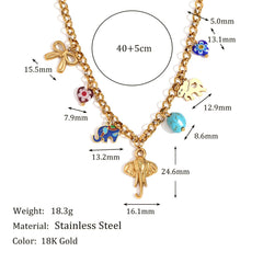 Elephant Beads Enamel Multicolour 18K Gold Stainless Steel Anti Tarnish Charm Necklace For Women