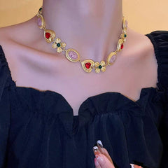 Heart Flower Crystal Beads 18K Gold Multi Necklace Earring Set For Women