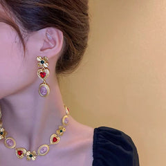 Heart Flower Crystal Beads 18K Gold Multi Necklace Earring Set For Women