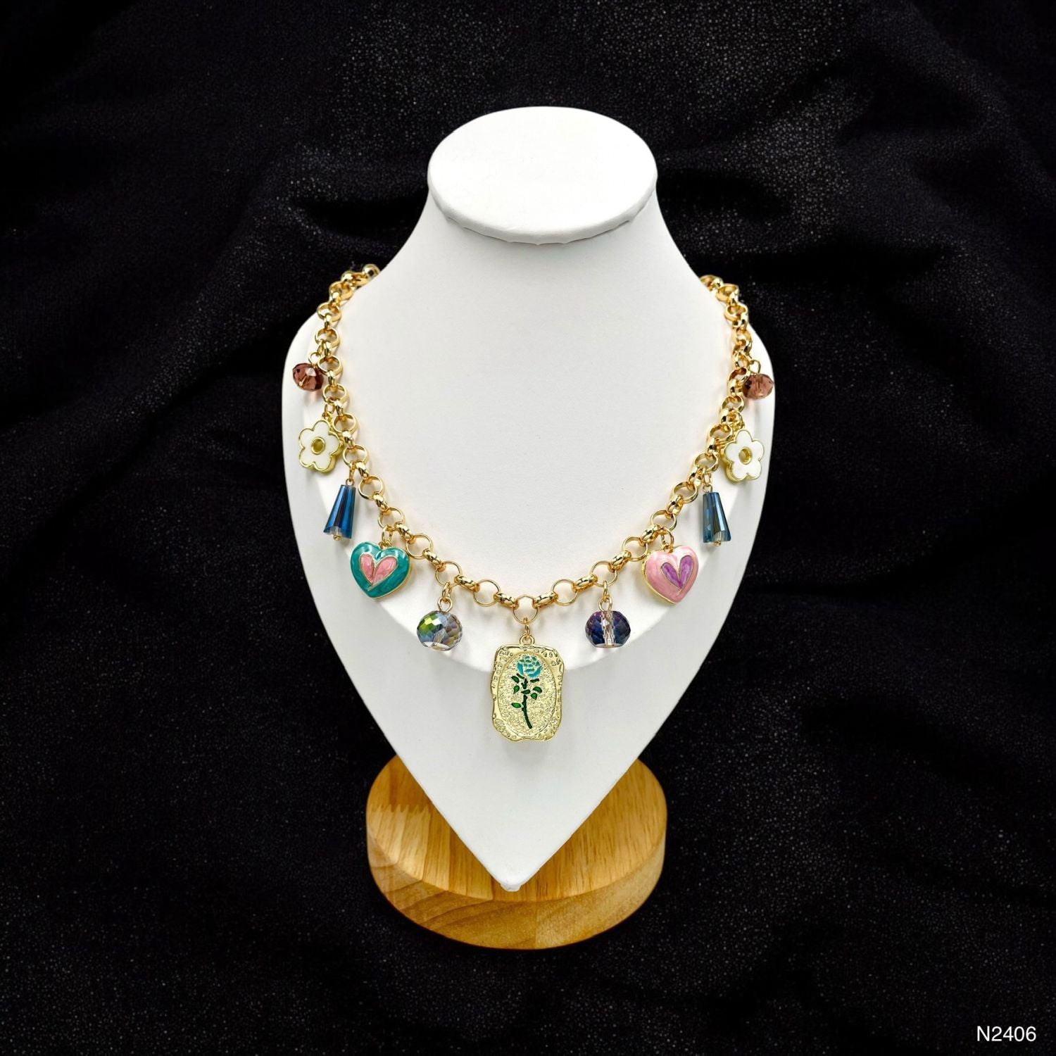 Heart Flower Charm Beads Enamel Multicolour 18K Gold Anti Tarnish Chain Necklace For Women