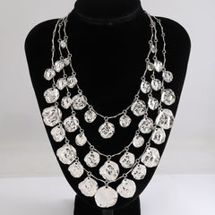 Beaten Finish Coin Silver Charm Layer Necklace For Women