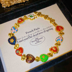 Rainbow Heart Crystal Pearl Enamel 18K Gold Multi Necklace Earring Set For Women