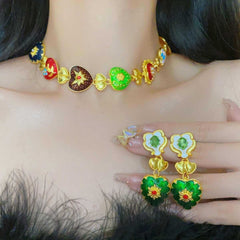 Rainbow Heart Crystal Pearl Enamel 18K Gold Multi Necklace Earring Set For Women