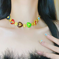 Rainbow Heart Crystal Pearl Enamel 18K Gold Multi Necklace Earring Set For Women