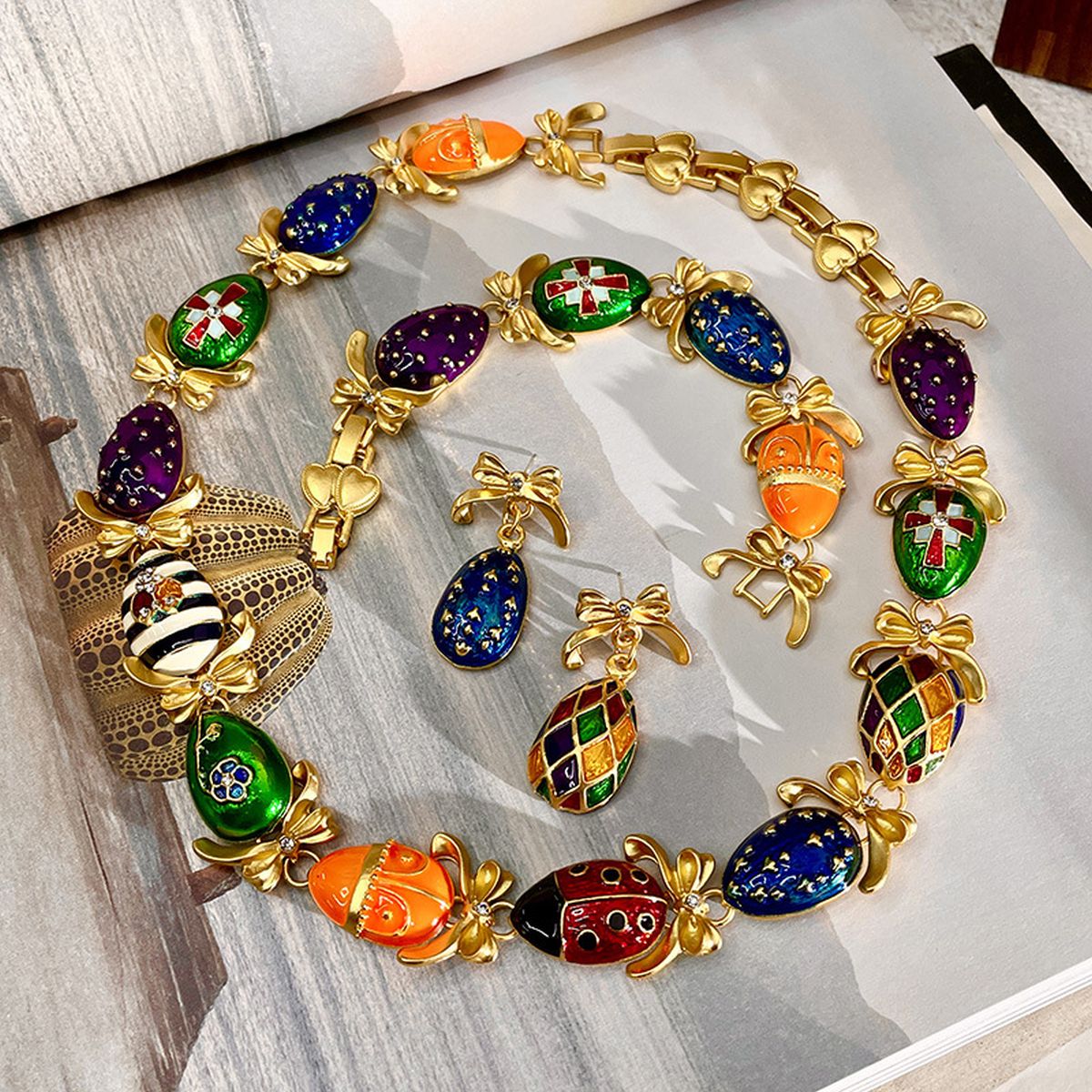 Antique Cubic Zirconia Enamel 18K Gold Multi Necklace Bracelet Earring Set For Women