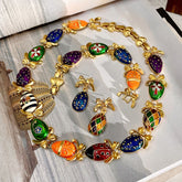 Antique Cubic Zirconia Enamel 18K Gold Multi Necklace Bracelet Earring Set For Women