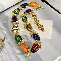 Antique Cubic Zirconia Enamel 18K Gold Multi Necklace Bracelet Earring Set For Women