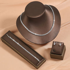 Drop Solitaire Cubic Zirconia Silver Anti Tarnish Tennis Necklace Bracelet Earring Set For Women