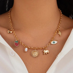 Sun Heart Strawberry Evil Eye 18K Gold Anti Tarnish Charm Necklace Chain For Women