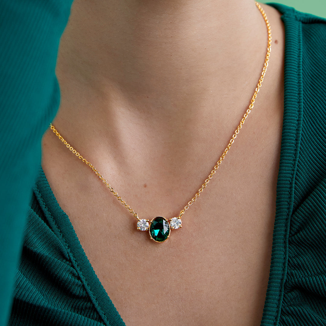 Elegant Green Oval Rose Silver Gold CZ Anti Tarnish Brass Necklace