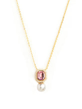 Elegant Emerald Cut Rose Silver Gold Plated CZ Pearl Brass Necklace