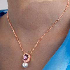 Elegant Emerald Cut Rose Silver Gold Plated CZ Pearl Brass Necklace