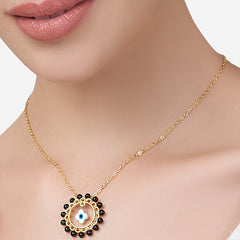 Evil Eye Floral Rose Silver Gold Plated CZ Black Beads Brass Necklace