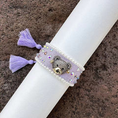 Teddy Bear Face Crystal Fabric Writ Band Adjustable Threads Bracelet For Women