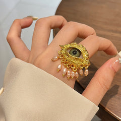 Evil Eye Gold Silver Pearl Beads Adjustable Fancy Ring
