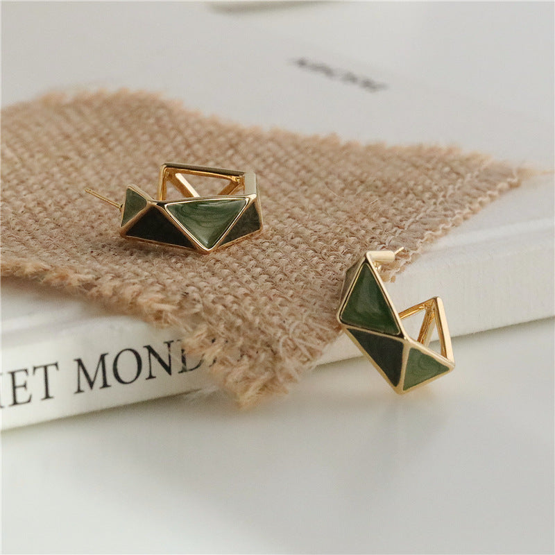Triangle Enamel 18K Gold Plated Green Brown Anti Tarnish Hoop Earring For Women